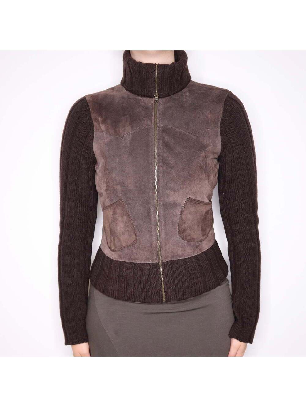 Y2K Brown Suede and Wool Zip Up Sweater (S/M)